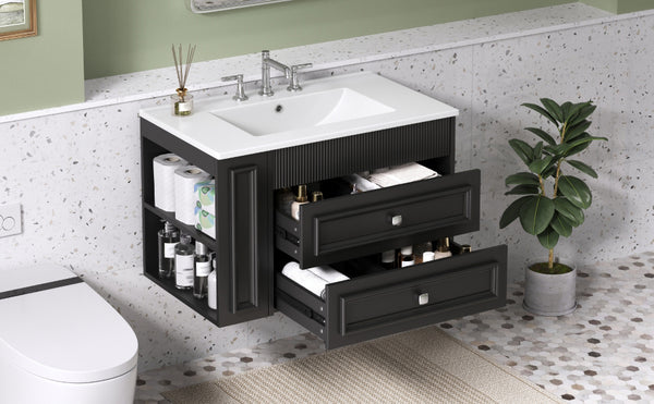 English Elm 30'' Wall Mounted Bathroom Vanity with Ceramic Sink, Floating MDF Cabinet, Soft-Close Drawers & Ample Storage Black N710P334915B