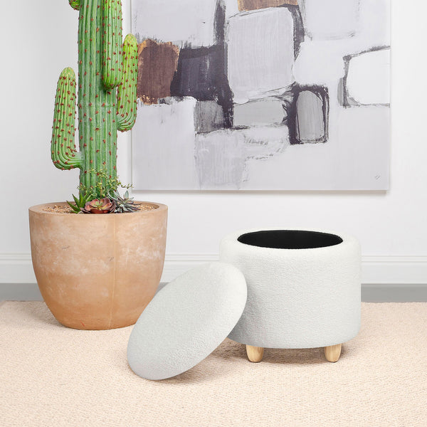 English Elm Corvair Plush Faux Sheepskin Round Storage Ottoman with Hidden Compartment and Natural Wood Feet - Cozy Accent Seat White B062P299981