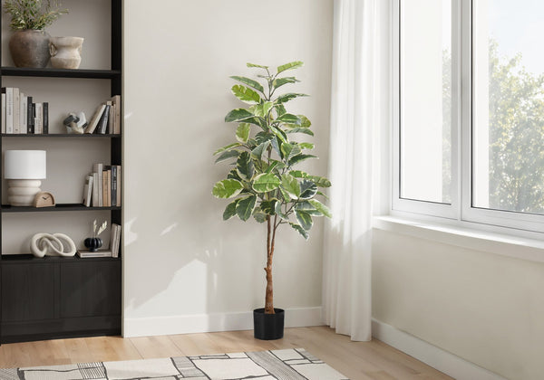 English Elm Artificial 52" Rubber Tree Plant – Lifelike Greenery In Black Pot, Real Touch Leaves, Low Maintenance Decor B2710P220027
