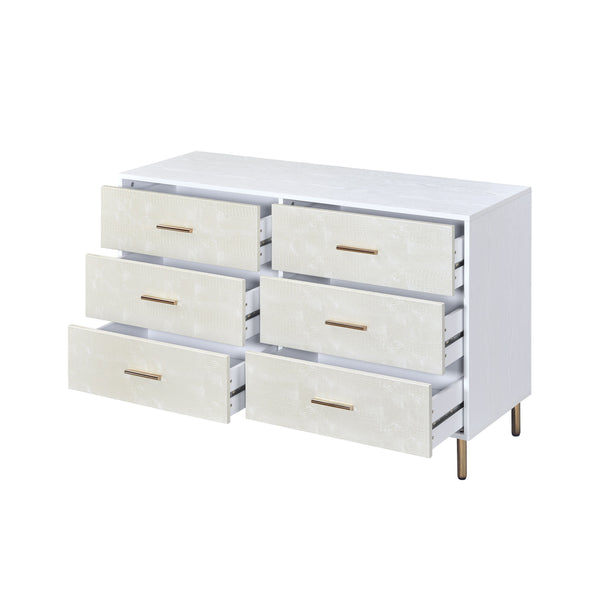 English Elm White Champagne Faux Crocodile 6-Drawer Dresser with Gold Legs and Pulls — Elegant White Frame, Luxe Texture, 47" Wide Storage Retreat B062P209045