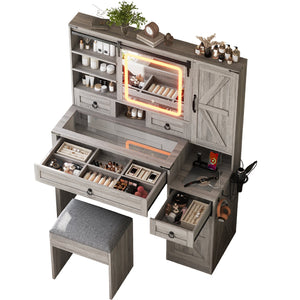 English Elm Farmhouse LED Vanity Desk with Sliding Mirror, Glass Top Storage, Built-In Charging Station & Stool Gray 37 L x 18.5 W x 13 H N733P340562G