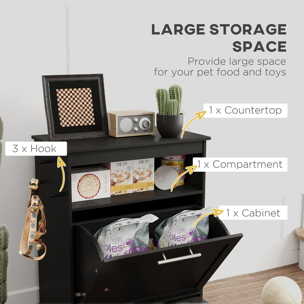English Elm Pet Feeder Cabinet with Pull-out Raised Bowls Hooks and Matte Black Mdf Storage T3971P407183