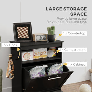 English Elm Pet Feeder Cabinet with Pull-out Raised Bowls Hooks and Matte Black Mdf Storage T3971P407183