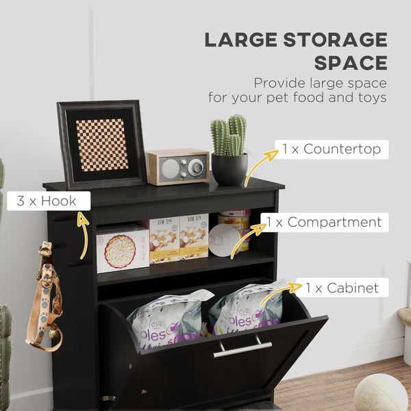 English Elm Pet Feeder Cabinet with Pull-out Raised Bowls Hooks and Matte Black Mdf Storage T3971P407183