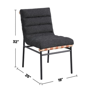 English Elm Set Of 2 Modern Black Boucle Dining Chairs With Iron Legs & Cognac Leather Accents For Cozy Dining B016P392716-GIGA