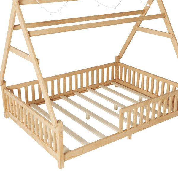 English Elm Twin Montessori Floor Bed House Frame with Led Lighting and Safety Rails for Kids Natural W2593P440591