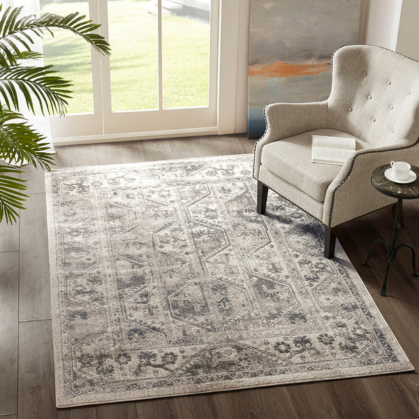 JLA Home Madison Park - Tiled Beige & Cream Geometric Border Rug, Medium Pile Machine-Woven, Durable Nonslip Backing MP35-7071