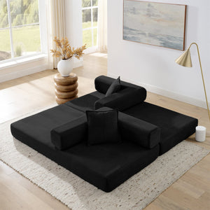 English Elm Modern Modular Sofa Bed Fold-Out Convertible Floor Couch with Removable Backrest, Corduroy Comfort Black W1117P312492