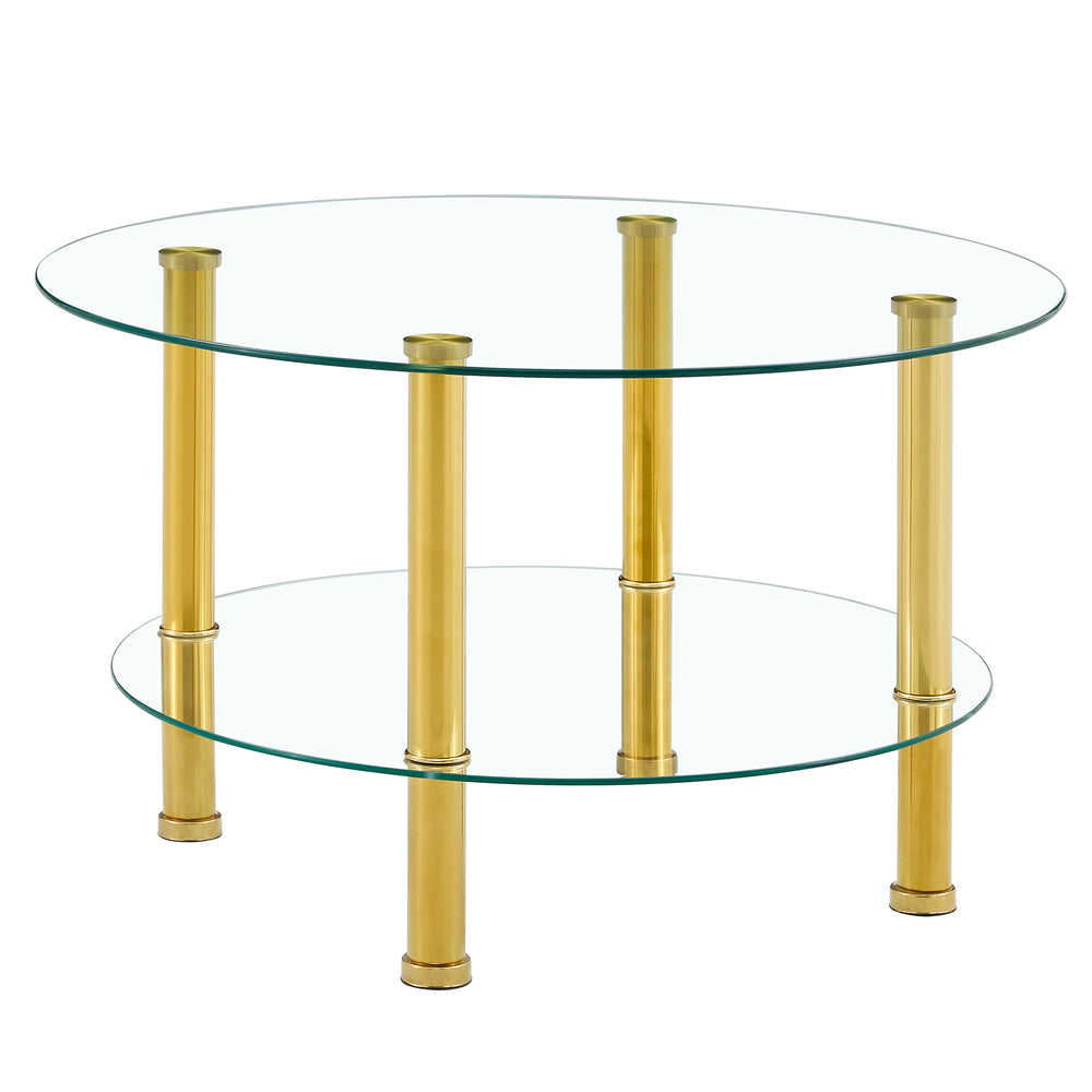 English Elm Contemporary Double Layer Tempered Glass Coffee Table 27.5" Top 23.6" Bottom Gold Legs, Modern Luxurious Design W1512P355039