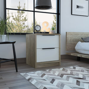 Homeroots Mod Light Oak And White Two Drawer Nightstand   453292