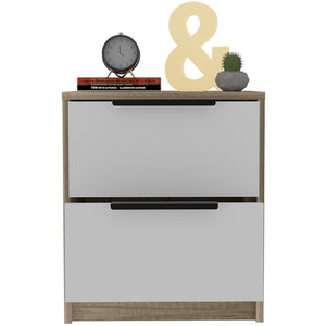 Homeroots Mod Light Oak And White Two Drawer Nightstand   453292