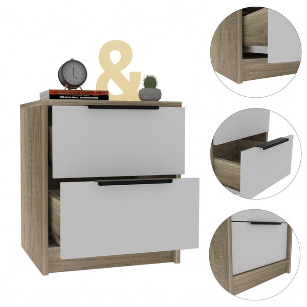 Homeroots Mod Light Oak And White Two Drawer Nightstand   453292