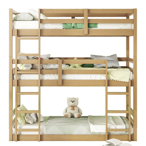 English Elm Triple Rubber Wood Bunk Bed with Built-In Ladders and Guardrails Maximizes Space for Families, Durable Design White Oak W504S00176