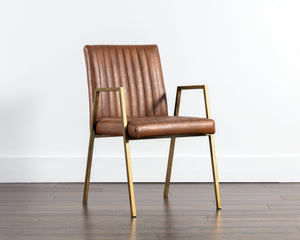 Sunpan Homer Dining Armchair - Stylish Industrial Design with Antique Brass Frame and Bold Channel Stitching Bravo Cognac