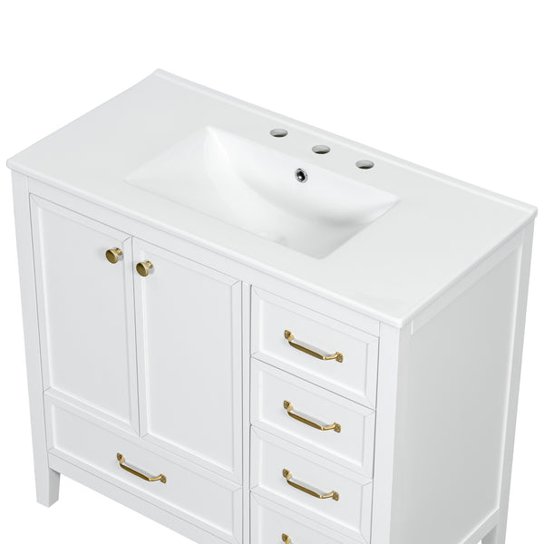 English Elm Christopher Knight Home® - 36" Vintage-inspired Bathroom Vanity with Ceramic Sink, Solid Wood Frame, Soft-Close Drawers, Spacious Storage White N759P293646K