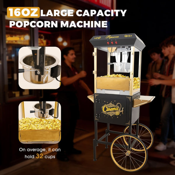 English Elm 16oz Commercial Popcorn Machine with Steel Cart Tempered Glass and 3 Switch Panel W2841P337588