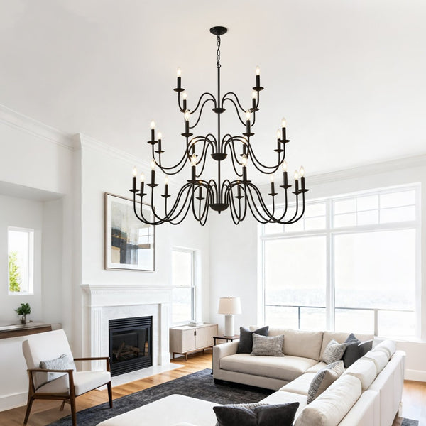 English Elm Farmhouse 24 Light Black Metal Chandelier for High Ceiling Dining and Living Rooms W5008P391535