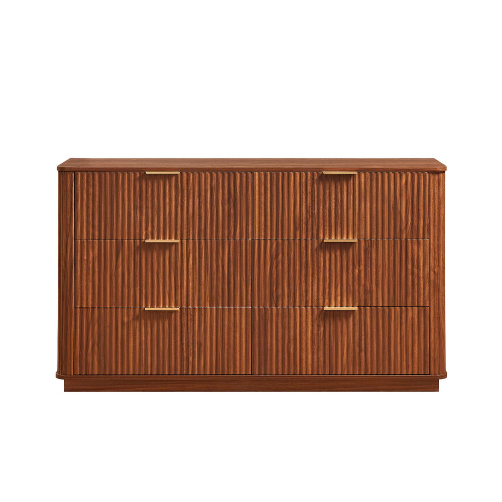 English Elm 6 Drawers Dresser Stylish 55" Wide Curved Wave Chest with Ample Storage, Sturdy Top for TV Use Walnut W1820P324616