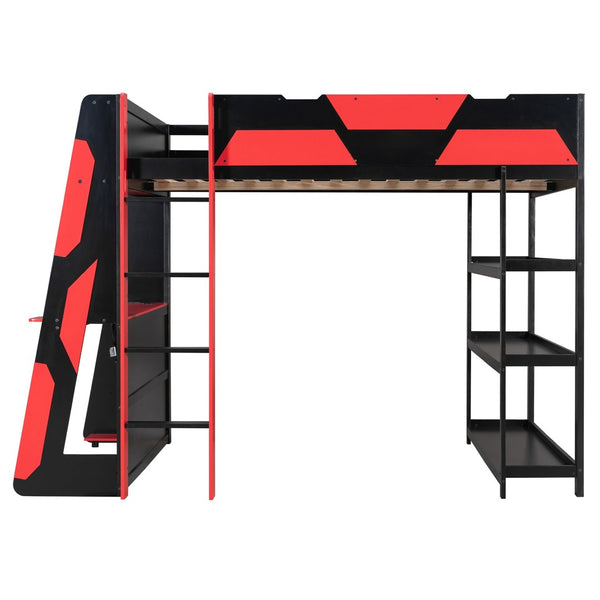 English Elm Full Size Gaming Loft Bed with Led Lighting Desk Shelves and Usb Charging Ports Black+Red N820S00076J