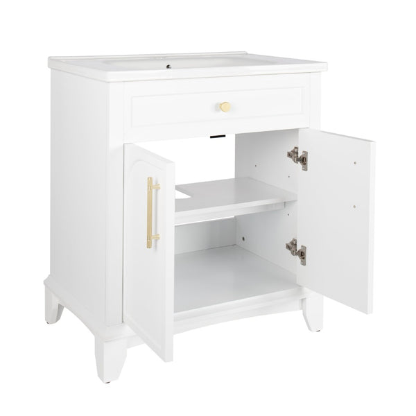 English Elm 27.8" Mid-century Freestanding Bathroom Vanity with Ceramic Sink Drawer and Wood Base White W1801S00004
