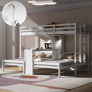 English Elm Twin Triple Bunk Bed with Built in Desk Open Shelving and Led Task Lighting White N7090002243K