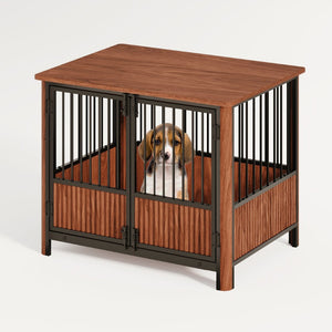 English Elm 31.5'' Walnut Fluted Wood Dog Crate Doubles as End Table for Small Medium Breeds W1820P336033
