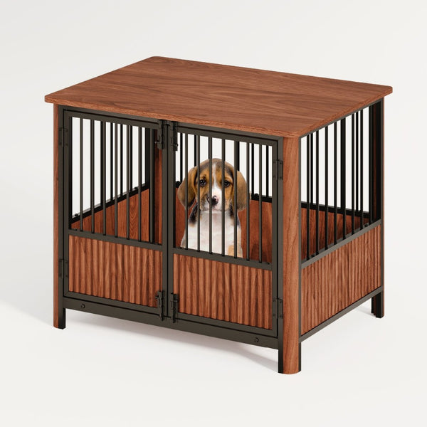 English Elm 31.5'' Walnut Fluted Wood Dog Crate Doubles as End Table for Small Medium Breeds W1820P336033
