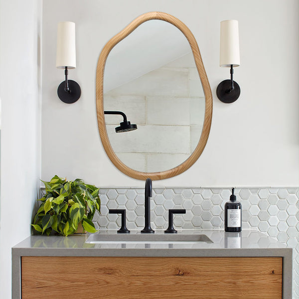 English Elm Irregular Asymmetrical Wall Mirror 32x22 Antique Natural Wood Frame Wavy Accent for Bright Modern Spaces W2295P290654