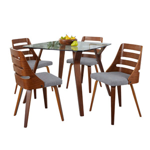 English Elm Dining Set with Tempered Glass Top Walnut Metal Legs and Blue Upholstered Seating B202S01429