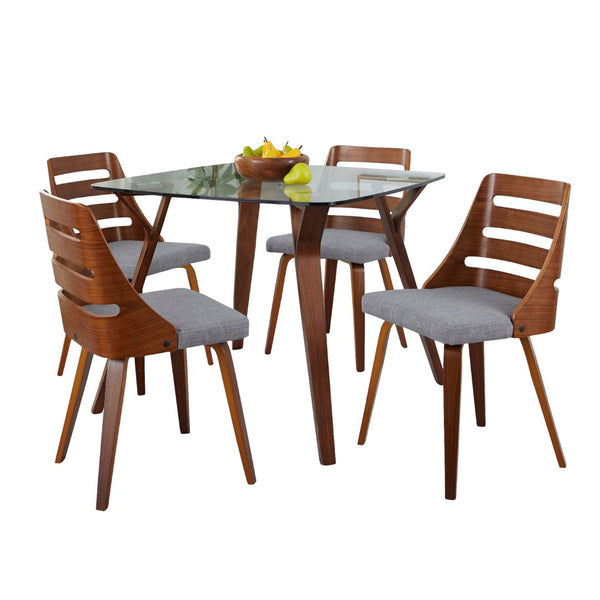 English Elm Dining Set with Tempered Glass Top Walnut Metal Legs and Blue Upholstered Seating B202S01429