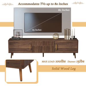 English Elm Mid Century TV Stand Walnut Finish with 2 Drawers, Cable Management, Solid Wood Legs, 80'' Safe Storage and Style N710P222772P