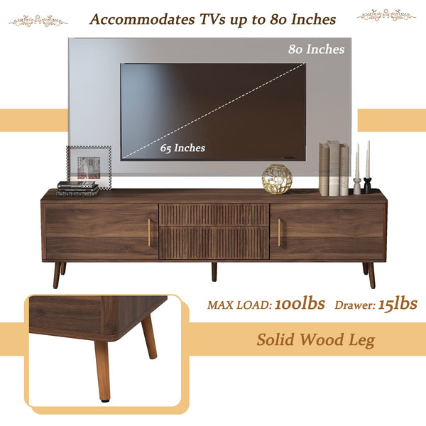 English Elm Mid Century TV Stand Walnut Finish with 2 Drawers, Cable Management, Solid Wood Legs, 80'' Safe Storage and Style N710P222772P