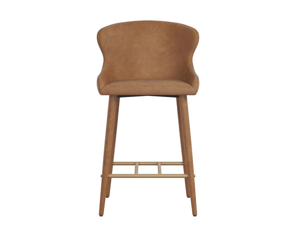 Sunpan EVORA Counter Stool - Modern Milliken Cognac Faux Leather with Sleek Metal Legs for Stylish Comfort 112404