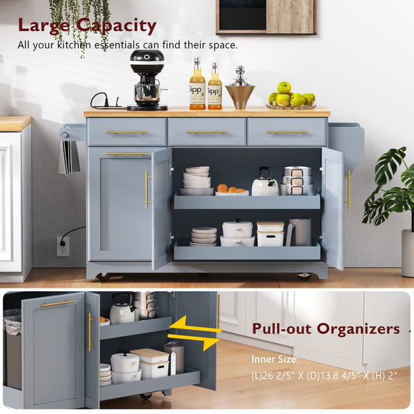 English Elm K&k Rolling Kitchen Island Rubber Wood Top Brass Hardware Built-in Outlets Storage Grey+Blue N707S299014G