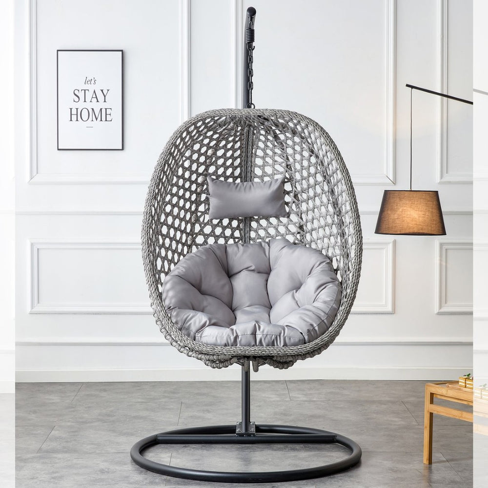 English Elm Egg Swing Chair Woven Rattan Basket Seat with Stand Cushion for Patio Bedroom W1512P498597