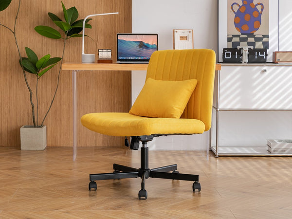 English Elm Yellow Linen Criss Cross Armless Office Chair with Wheels - Ergonomic Swivel, Adjustable Tilt, Luxe Upholstery W3394P329162