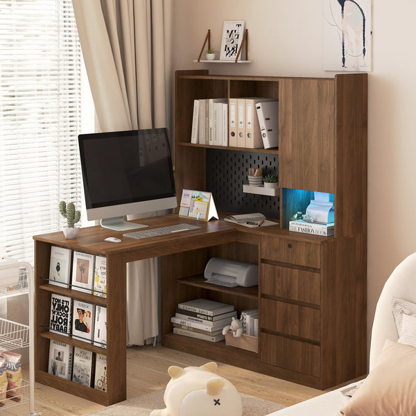 English Elm L Shaped Desk With Charging Station & Storage, Modern Corner Computer Desk For Home Office & Gaming W1321S00027