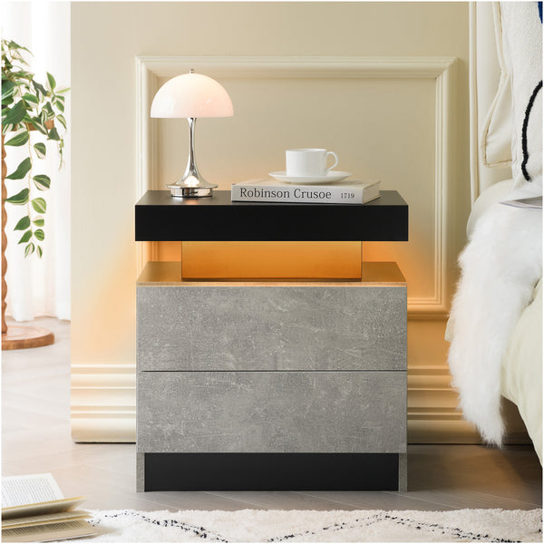 English Elm Nightstand LED Bedside Table with Adjustable Multi-Color Lights, Sleek Modern End Table for Bedroom Black+ Gray 22.83 L x 16.93 W x 7.68 H W2178138727