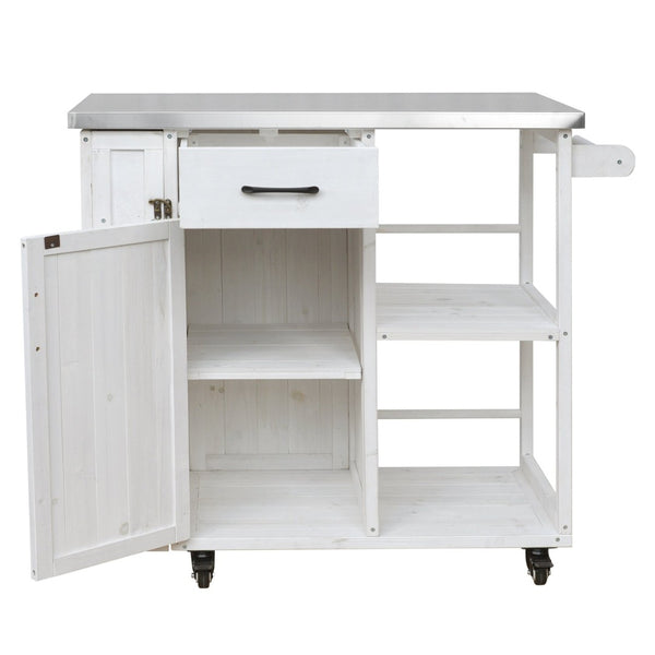 English Elm Foldable Outdoor Kitchen Cart with Stainless Worktop Fir Wood Frame and Lockable Wheels White N719P380278K