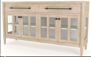 English Elm Power Raedy Sand Buffet with Glass Doors, Solid Wood/MDF, Power-Ready, 2 Drawers & Adjustable Shelf B2699P224826
