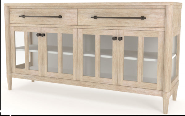 English Elm Power Raedy Sand Buffet with Glass Doors, Solid Wood/MDF, Power-Ready, 2 Drawers & Adjustable Shelf B2699P224826