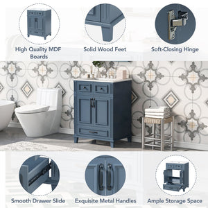 English Elm 24'' Retro Bathroom Vanity Solid Rubberwood Frame Ceramic Sink Soft Close Storage Blue N710P405405C