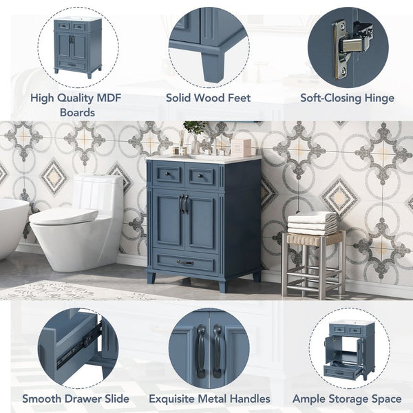 English Elm 24'' Retro Bathroom Vanity Solid Rubberwood Frame Ceramic Sink Soft Close Storage Blue N710P405405C