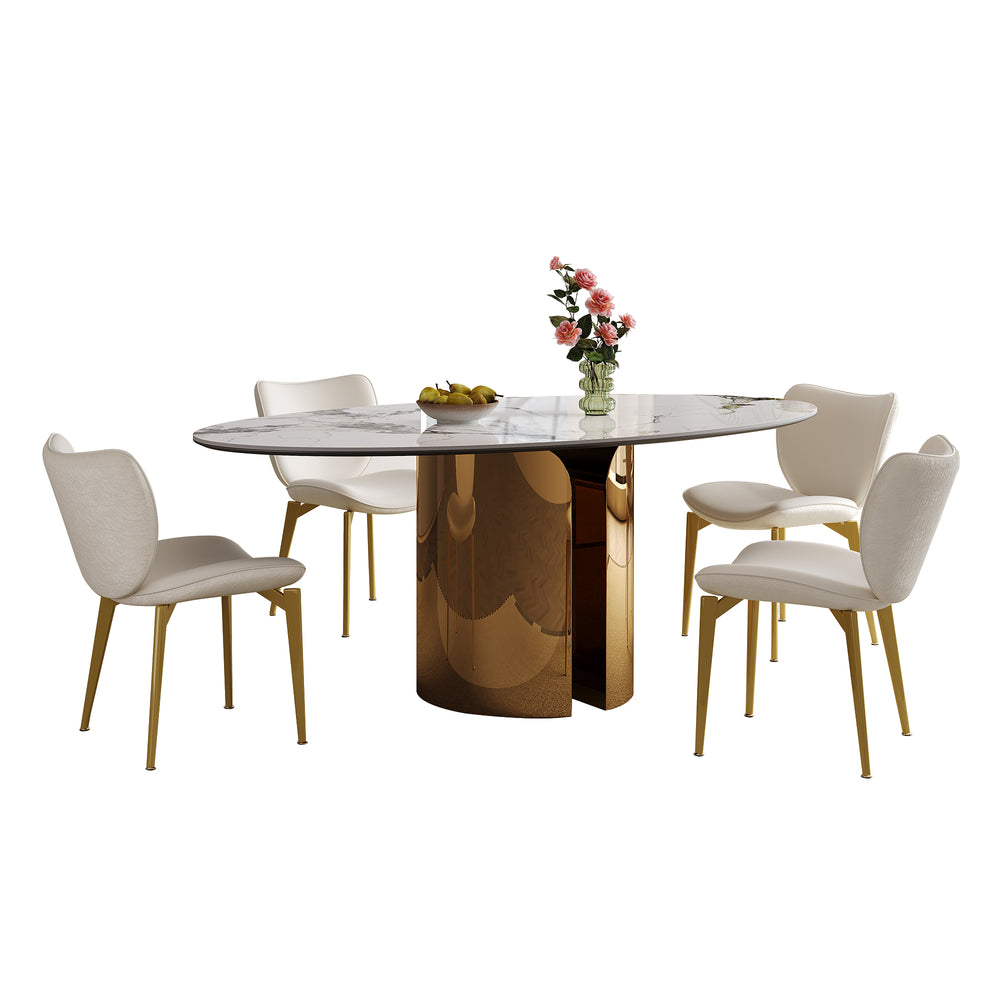 English Elm 70.9-Inch Sintered Stone Oval Dining Table With Copper Base – Modern, Sturdy, Family-Friendly Design! W509S00150