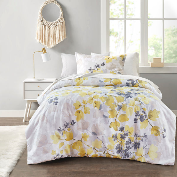English Elm Comforter Modern Yellow Floral Microfiber Set with Storage-Pocket Fitted Sheet and Anti-Microbial Finish Multicolor 17.32 L x 13.78 W x 6.69 H B03595660