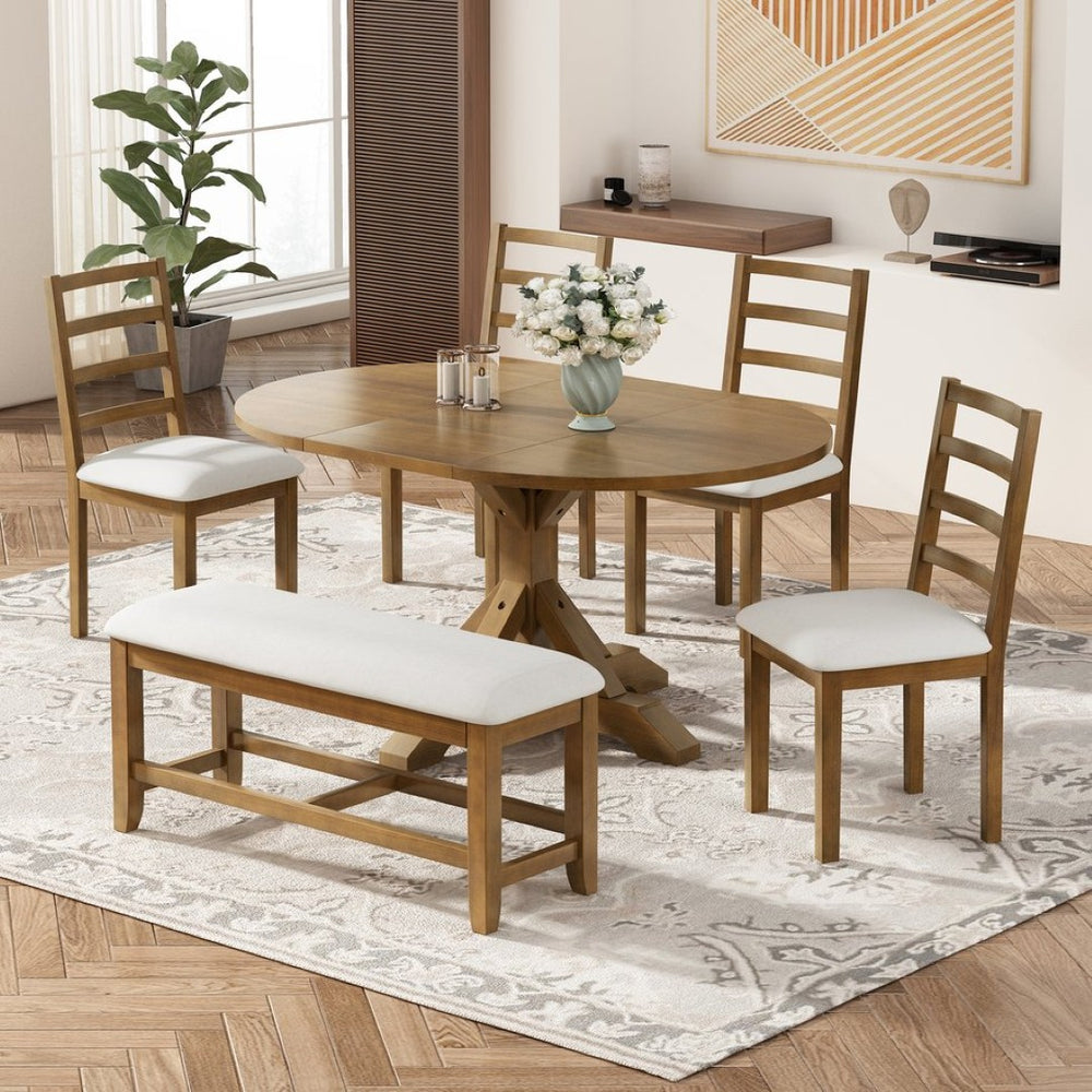 English Elm Topmax Farmhouse Extendable Pedestal Dining Set Seats Six with Ladder Back Chairs Beige,Dark Brown N717S000060D