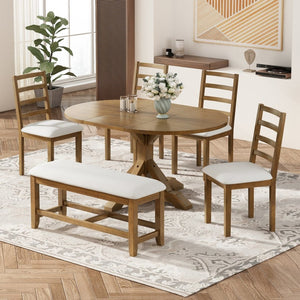 English Elm Topmax Farmhouse Extendable Pedestal Dining Set Seats Six with Ladder Back Chairs Beige,Dark Brown N717S000060D