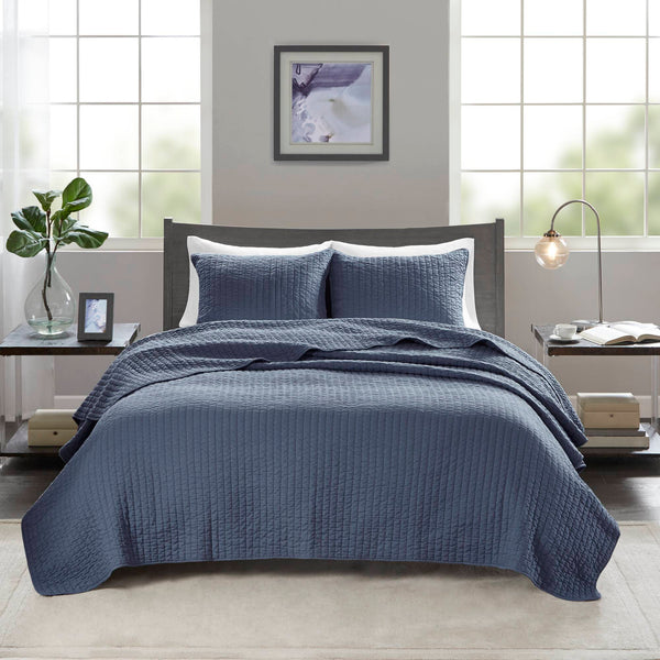 JLA Home Madison Park - 3 Keaton Reversible Quilt Set - Brushed Microfiber, Pick-Stitch Channel Quilting, Antimicrobial Comfort Navy MP13-3459