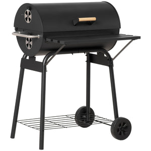 English Elm Outsunny Barrel Charcoal Smoker Grill with Offset Firebox Wheels and Storage Shelves W2225P174308