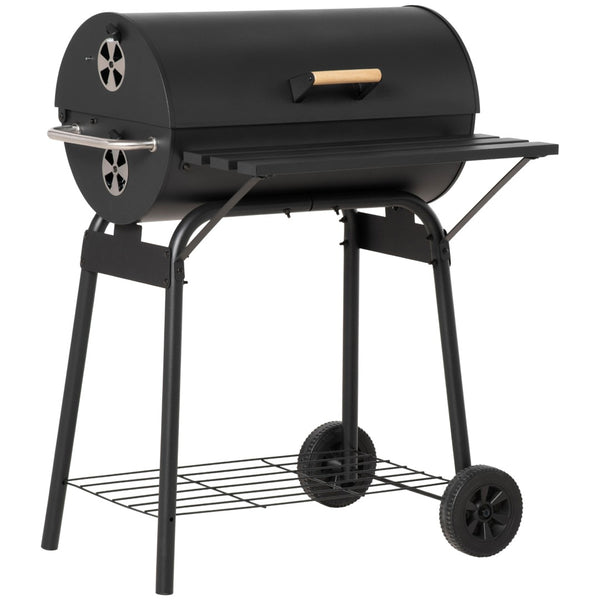 English Elm Outsunny Barrel Charcoal Smoker Grill with Offset Firebox Wheels and Storage Shelves W2225P174308